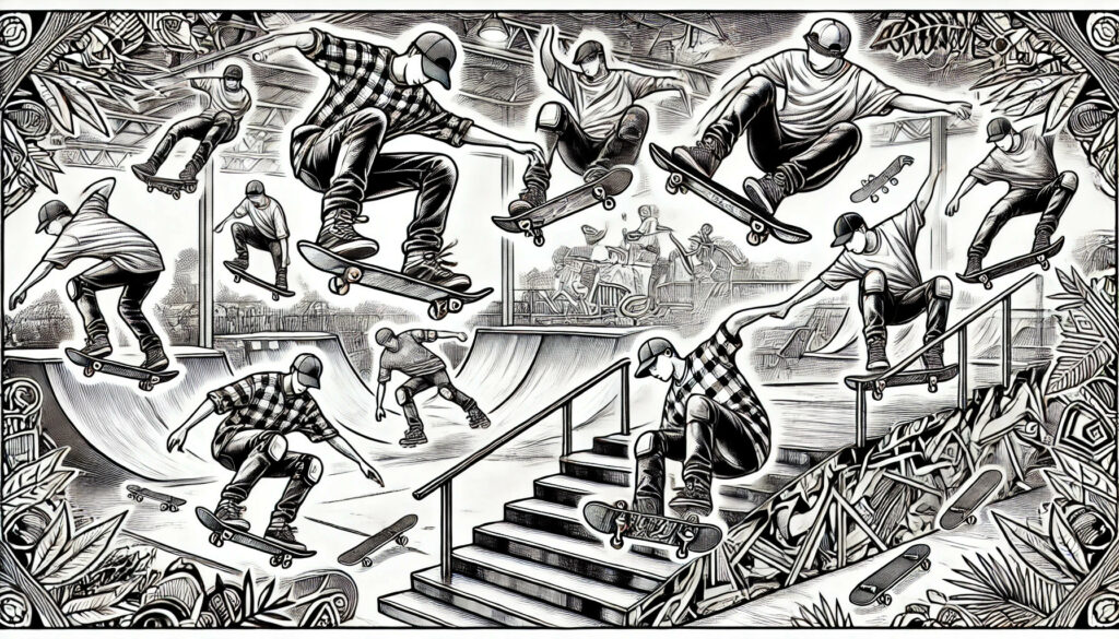 Print Colouring Page Skateboard Montage